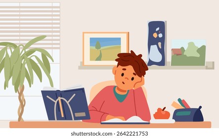 Primary school boy studying sitting at desk and reading textbook in his room flat vector illustration.