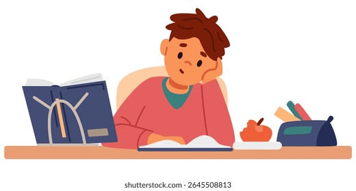 Primary school boy studying sitting at desk and reading flat vector illustration isolated on white.