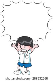 Primary school boy talk with blank speech bubble