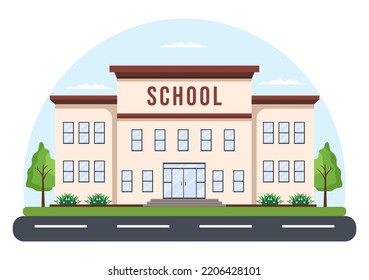 Primary School with Building Structure and Eksterior in Template Hand Drawn Cartoon Flat Illustration 