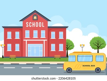 Primary School with Building Structure and Eksterior in Template Hand Drawn Cartoon Flat Illustration 