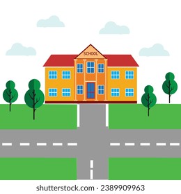 Primary School with Building Structure and Eksterior in Template Hand Drawn Cartoon Flat Illustration
