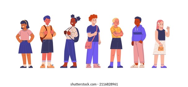 Colección de niños de la escuela primaria. Dibujo vectorial de un grupo de niños diversos, en pleno crecimiento en cerramientos casuales con accesorios. Aislado sobre blanco 