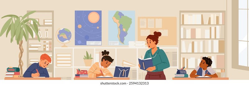 Primary school children on lesson with teacher flat vector illustration. School classroom with pupils writing dictation.