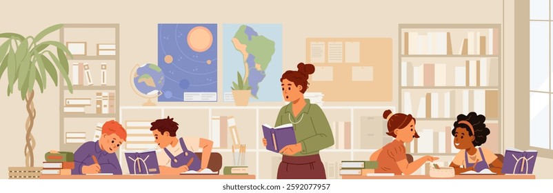 Primary school children sitting in pairs on lesson with teacher flat vector illustration. 