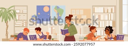 Primary school children sitting in pairs on lesson with teacher flat vector illustration. 