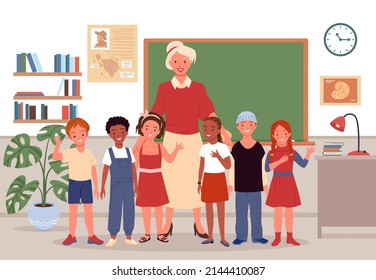 Primary school children and teacher vector illustration. Cartoon portrait of female teacher standing with joyful students in classroom interior with class board and waving. Pedagogy, education concept