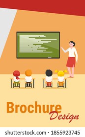 Primary school class. Happy teacher explaining lesson to children at blackboard flat vector illustration. Elementary school, education concept for banner, website design or landing web page