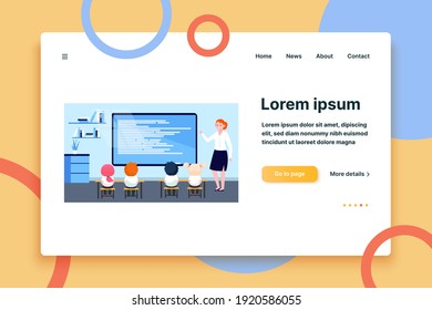 Primary school class. Happy teacher explaining lesson to children at blackboard flat vector illustration. Elementary school, education concept for banner, website design or landing web page