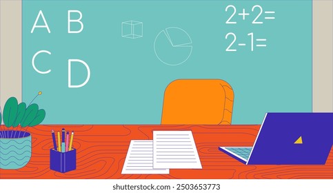 Primary school classroom cartoon flat illustration. Teacher desk with laptop and blackboard in room 2D interior colorful background. Children education facility scene vector storytelling image