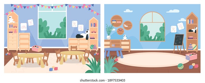 Primary school classroom with no people flat color vector illustration set. Playroom with desks, chairs for children. Kindergarten 2D cartoon interior with furniture and toys on background collection