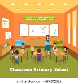 Primary school classroom template with pupils and teacher in flat style vector illustration