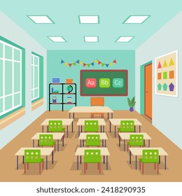 Ilustración vectorial en el aula de la escuela primaria. Amplia y luminosa sala con escritorio, sillas, pizarra y elementos de desarrollo infantil. Educación elemental, concepto de interior