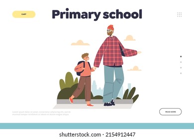 Primary school concept of landing page with father taking kid boy to school class. Happy dad walking with small pupil child. Schoolchild and education. Cartoon flat vector illustration