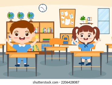 Primary School with Cute Little Students Studying in the Classroom in Hand Drawn Flat Cartoon Illustration Template