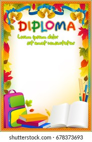 Primary school diploma template. Colorful and bright design elements: bells, ribbon, dandelions and other school supplies.