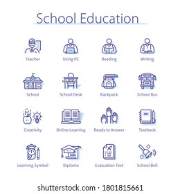 Primary school education concept. Teacher & student person learning online, reading book, graduation hat, diploma, bus, backpack thin line icons set. Study isolated linear vector illustrations