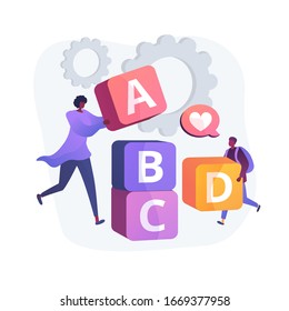 Primary school education. Developing games, entertaining study, elementary grade. Little schoolboy and educator playing with abc blocks. Vector isolated concept metaphor illustration