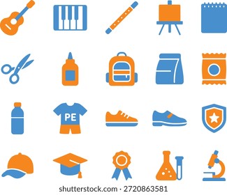 Conjunto de iconos de educación primaria con Vectores planos azules y naranjas para el estudio y la creatividad
