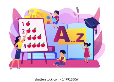 Primary school. Elementary grade pupils studying arithmetic and alphabet. Early education, early childhood program, early education center concept. Bright vibrant violet vector isolated illustration