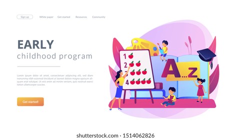 Primary school. Elementary grade pupils studying arithmetic and alphabet. Early education, early childhood program, early education center concept. Website homepage landing web page template.