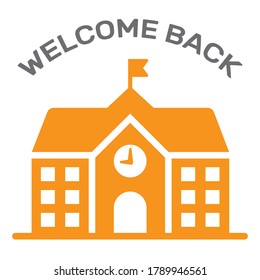 Primary School Entrance. College Building With Clock. Back To School Icon In Orange. Isolated Vector Clip Art Of Public Educational Place.