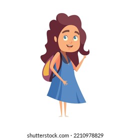 Primary school girl in blue dress with bag cartoon vector illustration