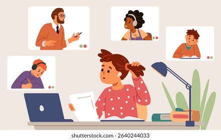 Primary school girl in earphones sitting at desk at home studying online looking to computer screen with teacher and other students flat vector illustration.