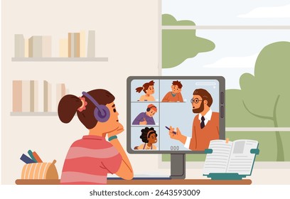 Primary school girl in earphones sitting at desk at home studying online looking to computer screen with teacher and other students flat vector illustration.