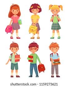 Primary school kids. Cartoon children pupils with backpack and books in uniforms. Happy cute boy and girl education pupil in schools uniform, study character vector isolated icon set