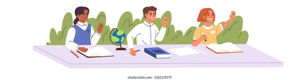 Primary school kids at desk. Elementary education, children raising hand to answer. School child sitting at desk. Learning process. Flat vector illustration