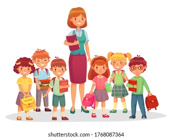 Primary school kids with smiling teacher. Children learning at school, education concept. Woman tutor with small pupils holding books and notebooks standing together in group vector illustration