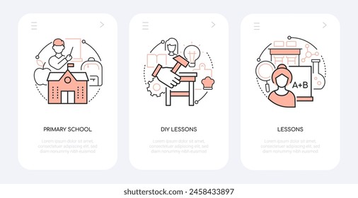 Primary school and lessons - line design style banners set with place for text. Education and knowledge, DIY, teacher and student, backpack, home economics and chemistry. Elementary and learning idea