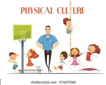 Primary School Physical Culture Teacher Enjoys Modern Sport Facility With Kids Playing Basketball And Baseball Cartoon Vector Illustration  