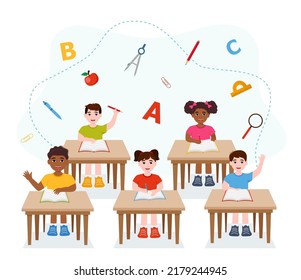 Primary school pupils sit at desk. Elementary education, children writing in copybook, raising hand to answer. Kids getting knowledge on lesson in class. Learning process vector illustration eps 10