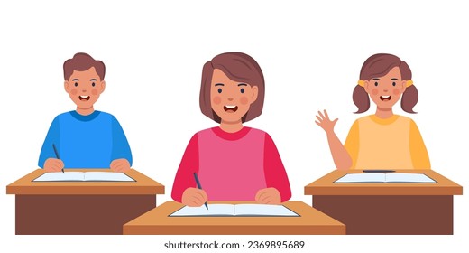 Primary school pupils sit at desk. Elementary education, children writing in copybook, raising hand to answer. Kids getting knowledge on lesson in class. Vector illustration