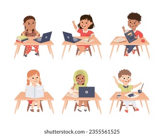 Primary School Pupils Sitting at Tables with Book Engaged in Elementary Education Vector Set