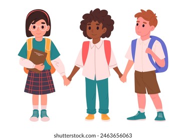 Primary school students. Happy kids going to school holding hands, elementary school students with backpacks and books flat vector illustration. School kids on white