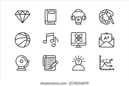 Primary School Subjects Vector Icons Set. Reading, Math, Science, Geography, Writing, Biology, Logic, Physical Education, Arts, and More. Editable Linear Collection.