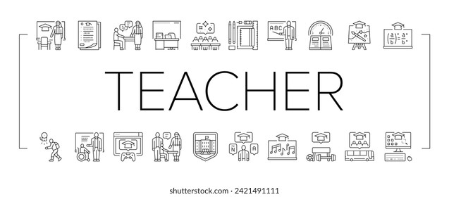 primary school teacher education icons set vector. classroom elementary, learning class, child people, children, desk boy, teaching primary school teacher education black line illustrations