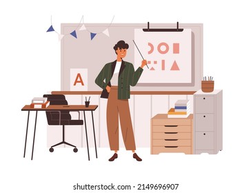 Primary school teacher standing at blackboard in classroom, conducting lesson. Pedagogue showing at class whiteboard with pointer, explaining. Flat vector illustration isolated on white background