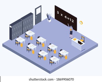 Primary school teacher and students wearing facemask in class isometric 3d vector concept for banner, website, illustration, landing page, flyer, etc.