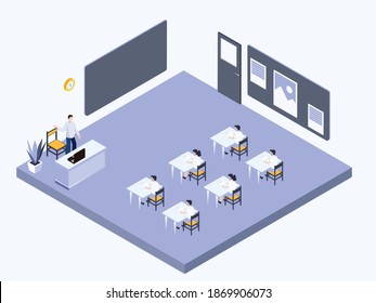 Primary school teacher and students wearing facemask teaching in class isometric 3d vector concept for banner, website, illustration, landing page, flyer, etc.