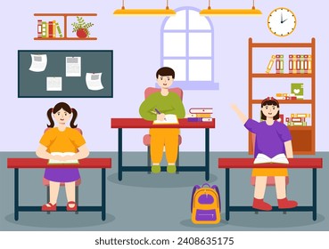 Ilustración del vector de la escuela primaria de los niños y la construcción escolar con el concepto del aprendizaje y el conocimiento en la caricatura plana