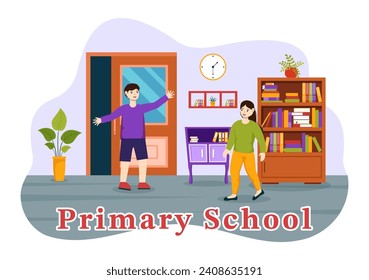 Primary School Vector Illustration of Students Children and School Building with The Concept of Learning and Knowledge in Flat Cartoon Background