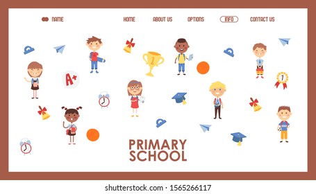 Primary school website design, vector illustration. Landing page template for elementary school, isolated flat style icons of schoolchildren and education symbols. Happy kids different nationalities