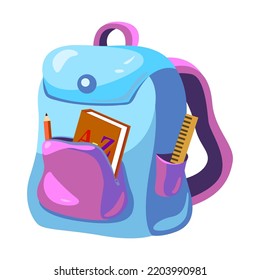 Primary schoolbag. Childish school backpacks with supplies in open pockets, bright bags and rucksacks. Vector illustration