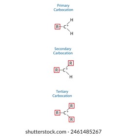 Primary, Secondary and Tertiary carbocation molecule skeletal structure diagram.organic compound molecule scientific illustration on white background.