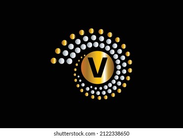 Cercles V principaux Technologie Données numériques Cyber Réseau Technologie Monogramme Image vectorielle Police Emblème Alphabet Abstrait Logo de travail créatif