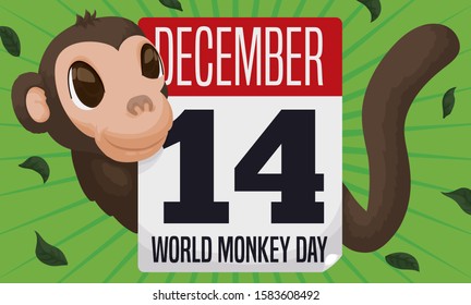 Primate behind loose-leaf calendar with reminder date for World Monkey Day celebration: December 14.